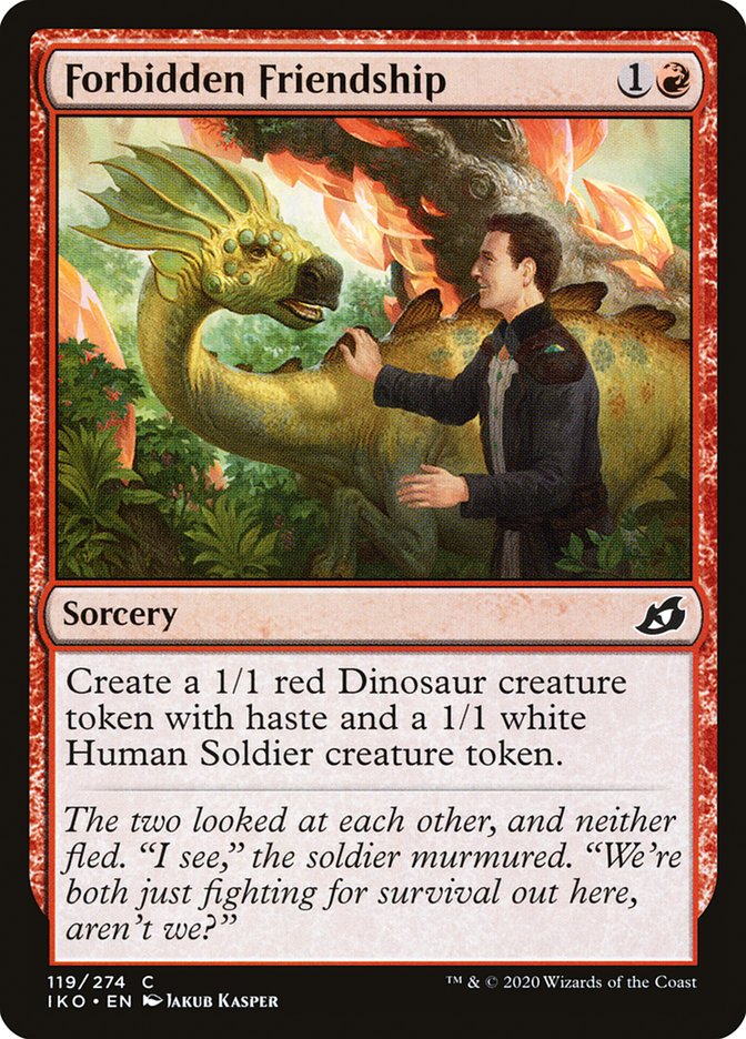 This Is An Image Of The Magic The Gathering Card Forbidden Friendship From The Set Ikoria: Lair of Behemoths - Designed By Artist Jakub Kasper