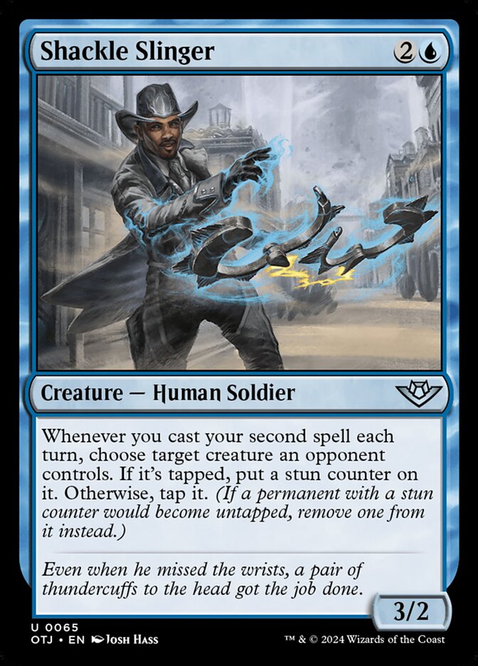 This Is An Image Of The Magic The Gathering Card Shackle Slinger From The Set Outlaws of Thunder Junction - Designed By Artist Josh Hass
