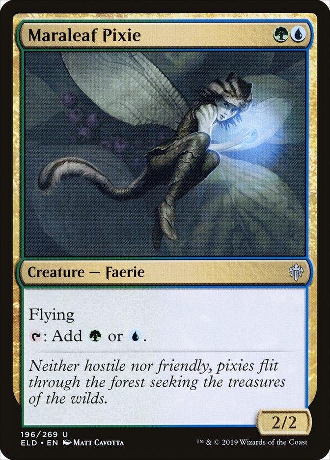 This Is An Image Of The Magic The Gathering Card Maraleaf Pixie From The Set Throne of Eldraine - Designed By Artist Matt Cavotta