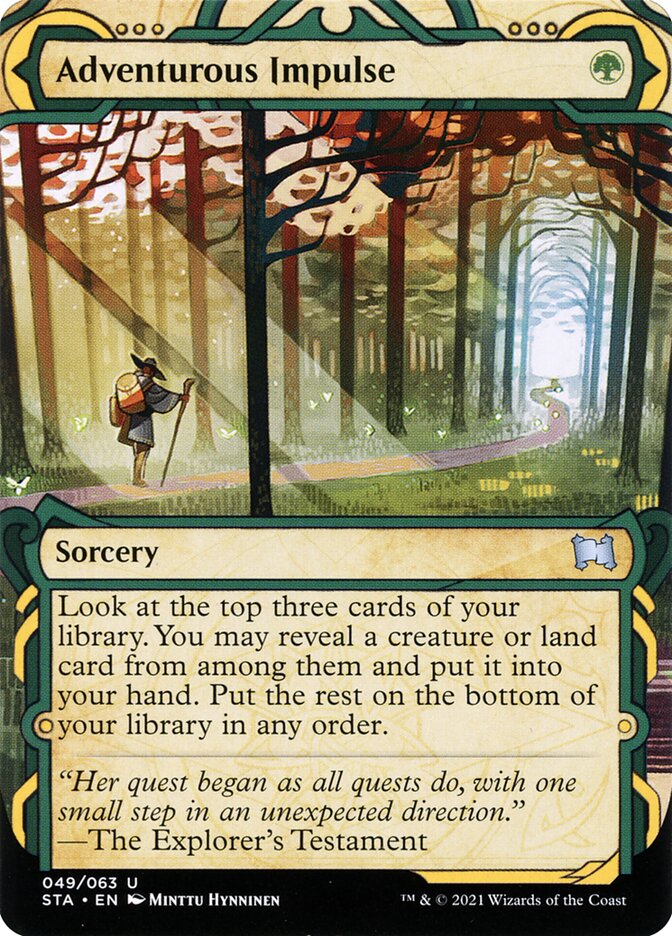 This Is An Image Of The Magic The Gathering Card Adventurous Impulse From The Set Ikoria: Lair of Behemoths - Designed By Artist Victor Adame Minguez