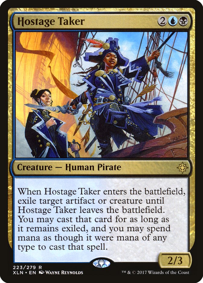 This Is An Image Of The Magic The Gathering Card Hostage Taker From The Set Outlaws of Thunder Junction Commander - Designed By Artist Wayne Reynolds