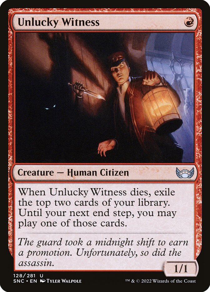 This Is An Image Of The Magic The Gathering Card Unlucky Witness From The Set Streets of New Capenna - Designed By Artist Tyler Walpole