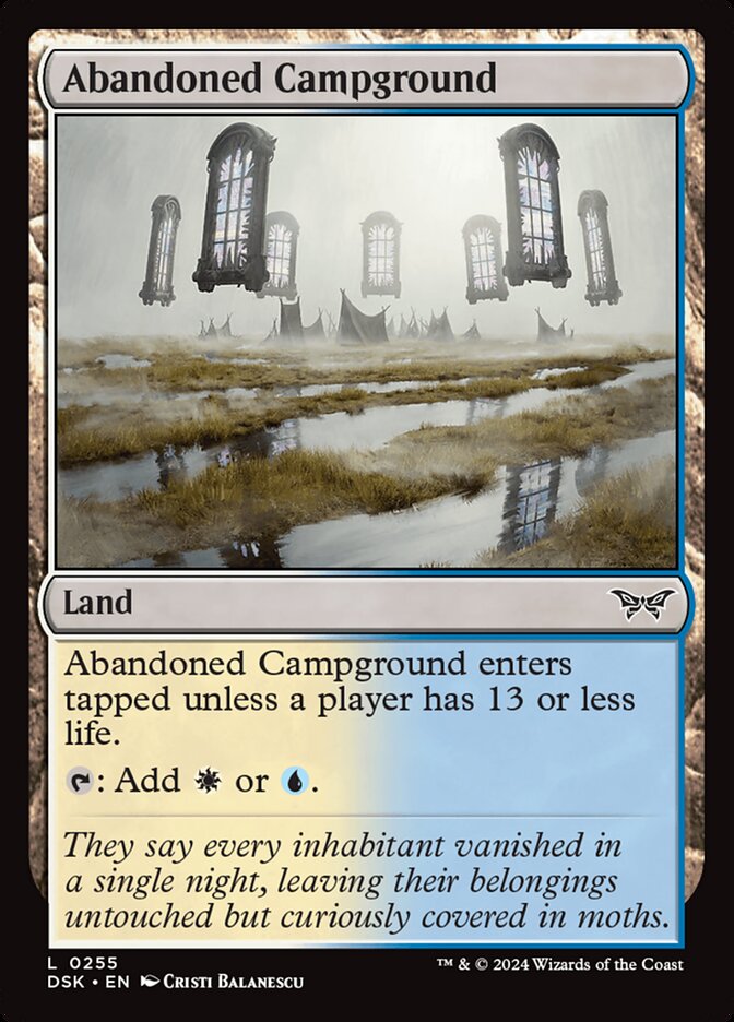 This Is An Image Of The Magic The Gathering Card Abandoned Campground From The Set Duskmourn: House of Horror - Designed By Artist Cristi Balanescu