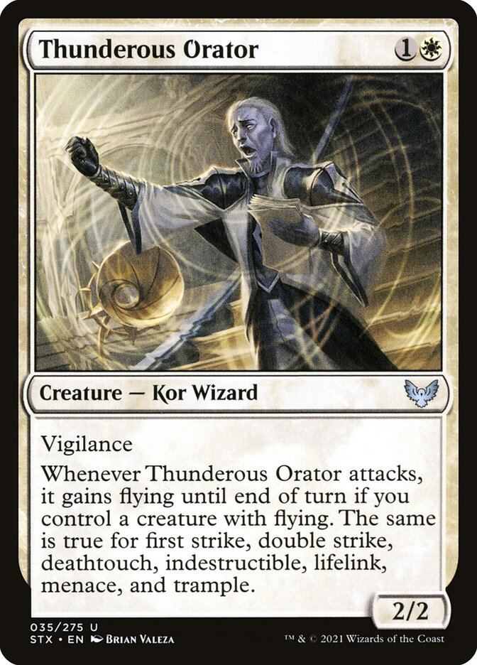This Is An Image Of The Magic The Gathering Card Thunderous Orator From The Set Strixhaven: School of Mages - Designed By Artist Brian Valeza