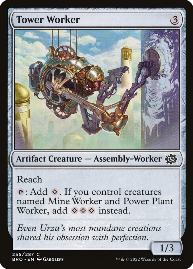 This Is An Image Of The Magic The Gathering Card Tower Worker From The Set The Brothers' War - Designed By Artist Gaboleps