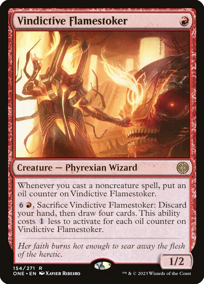 This Is An Image Of The Magic The Gathering Card Vindictive Flamestoker From The Set Phyrexia: All Will Be One - Designed By Artist Xavier Ribeiro
