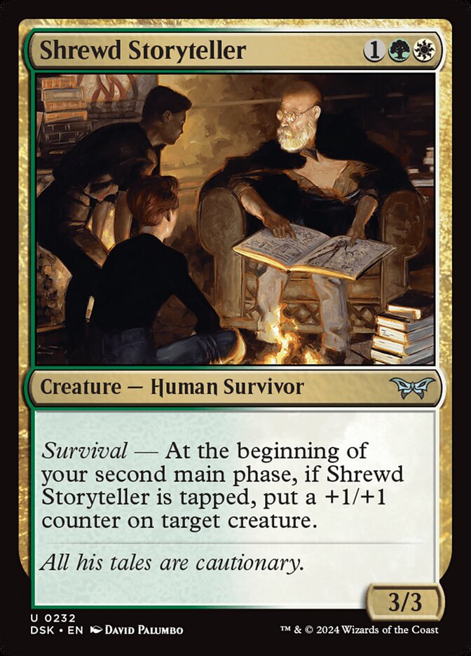 This Is An Image Of The Magic The Gathering Card Shrewd Storyteller From The Set Duskmourn: House of Horror - Designed By Artist David Palumbo