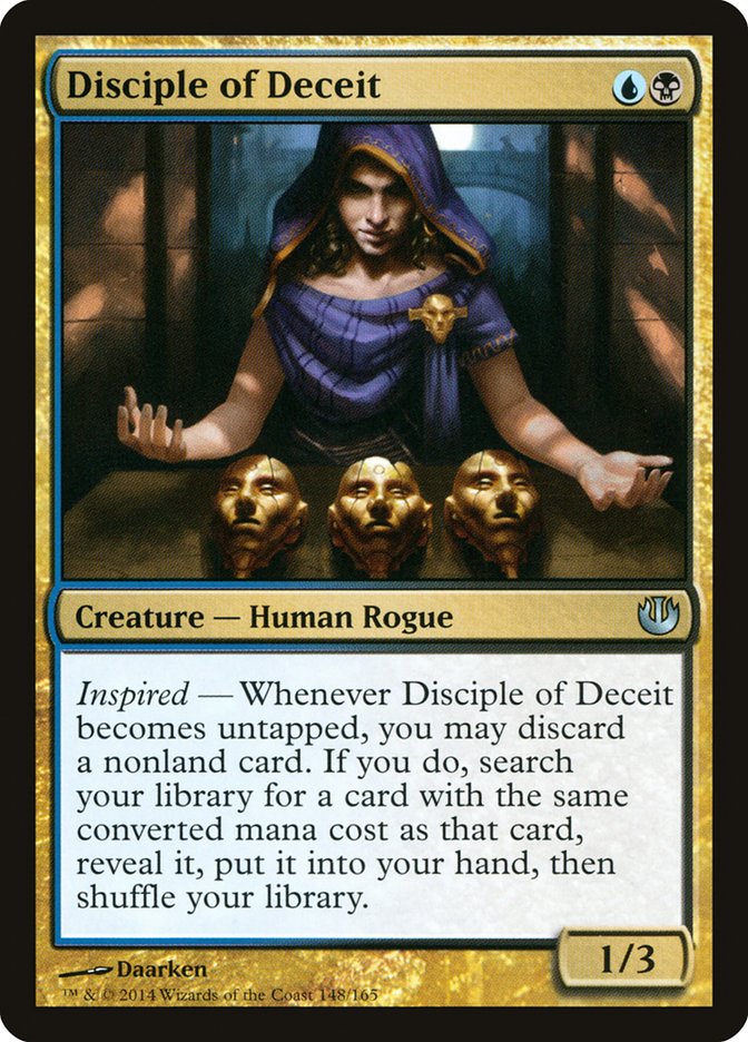 This Is An Image Of The Magic The Gathering Card Disciple of Deceit From The Set Journey into Nyx - Designed By Artist Daarken