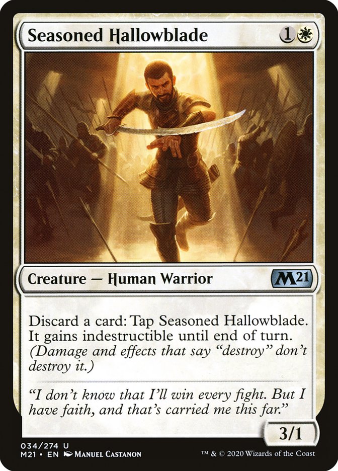 This Is An Image Of The Magic The Gathering Card Seasoned Hallowblade From The Set Core Set 2021 - Designed By Artist Manuel Castañón