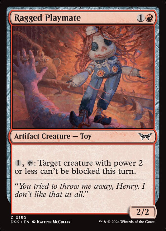 This Is An Image Of The Magic The Gathering Card Ragged Playmate From The Set Duskmourn: House of Horror - Designed By Artist Kaitlyn McCulley