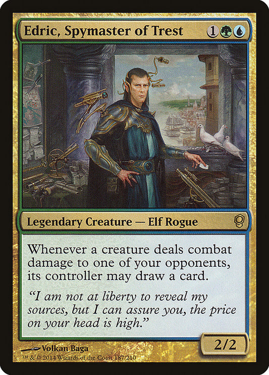 This Is An Image Of The Magic The Gathering Card Edric, Spymaster of Trest From The Set Outlaws of Thunder Junction Commander - Designed By Artist Volkan Baǵa