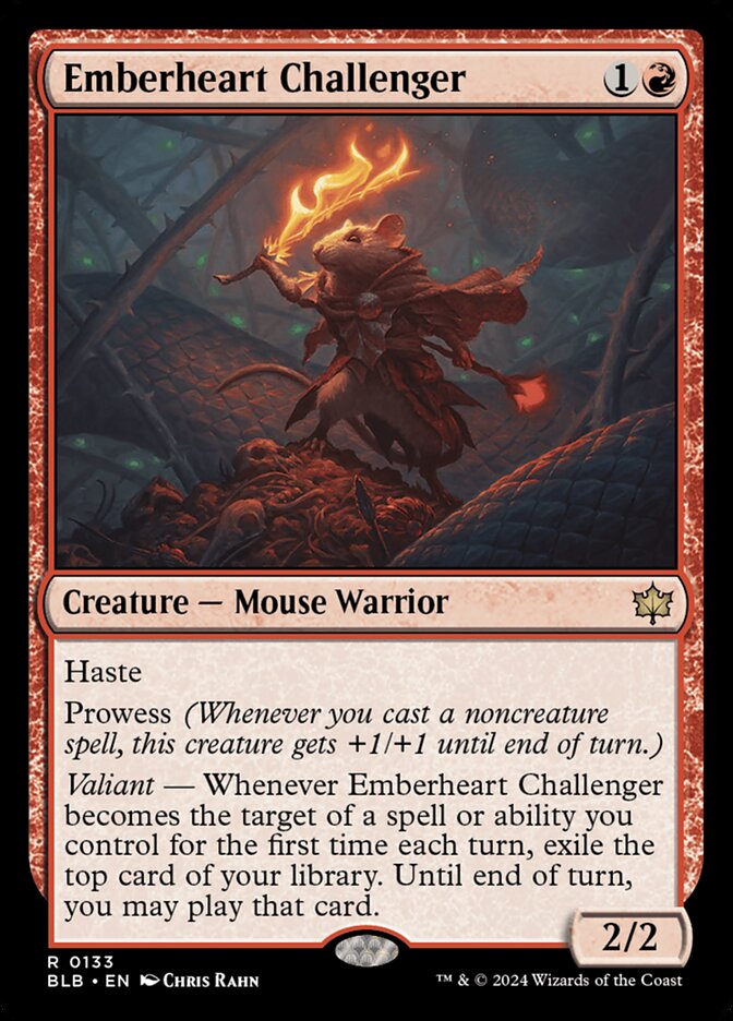 This Is An Image Of The Magic The Gathering Card Emberheart Challenger From The Set Bloomburrow - Designed By Artist Chris Rahn