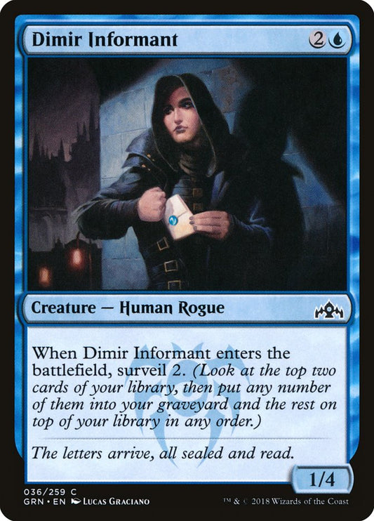 This Is An Image Of The Magic The Gathering Card Dimir Informant From The Set Guilds of Ravnica - Designed By Artist Lucas Graciano
