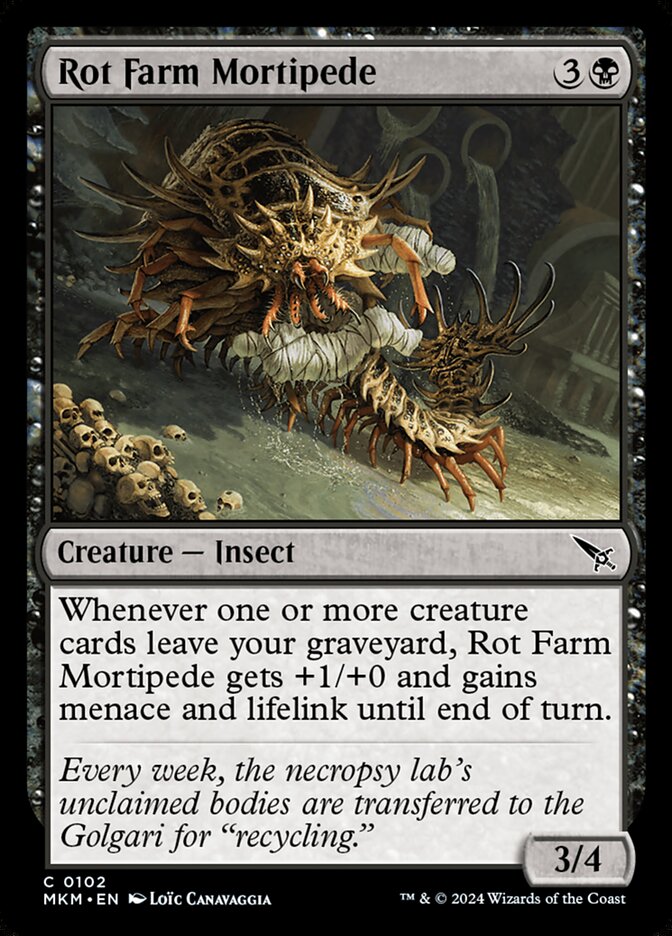This Is An Image Of The Magic The Gathering Card Rot Farm Mortipede From The Set Murders at Karlov Manor - Designed By Artist Loïc Canavaggia