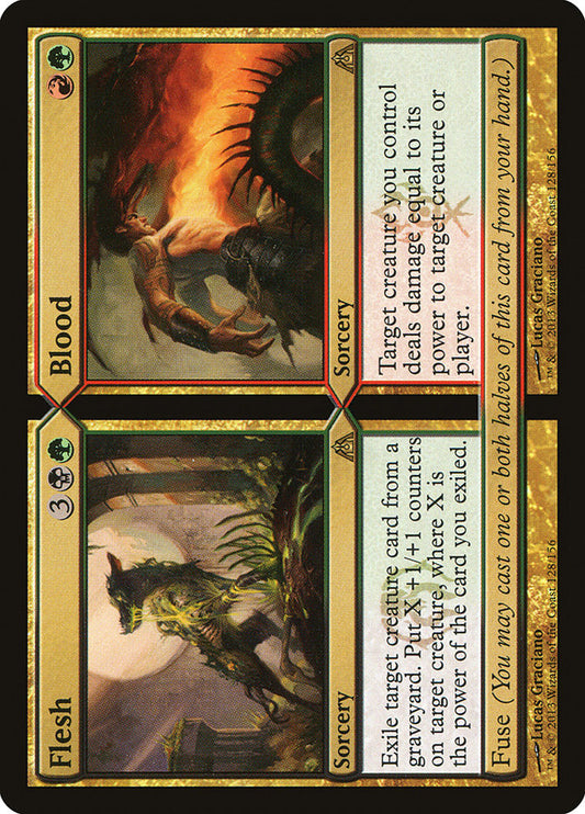 This Is An Image Of The Magic The Gathering Card Flesh // Blood From The Set Dragon's Maze - Designed By Artist Lucas Graciano