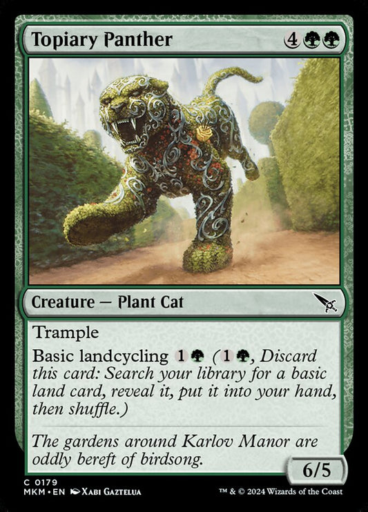 This Is An Image Of The Magic The Gathering Card Topiary Panther From The Set Murders at Karlov Manor - Designed By Artist Xabi Gaztelua