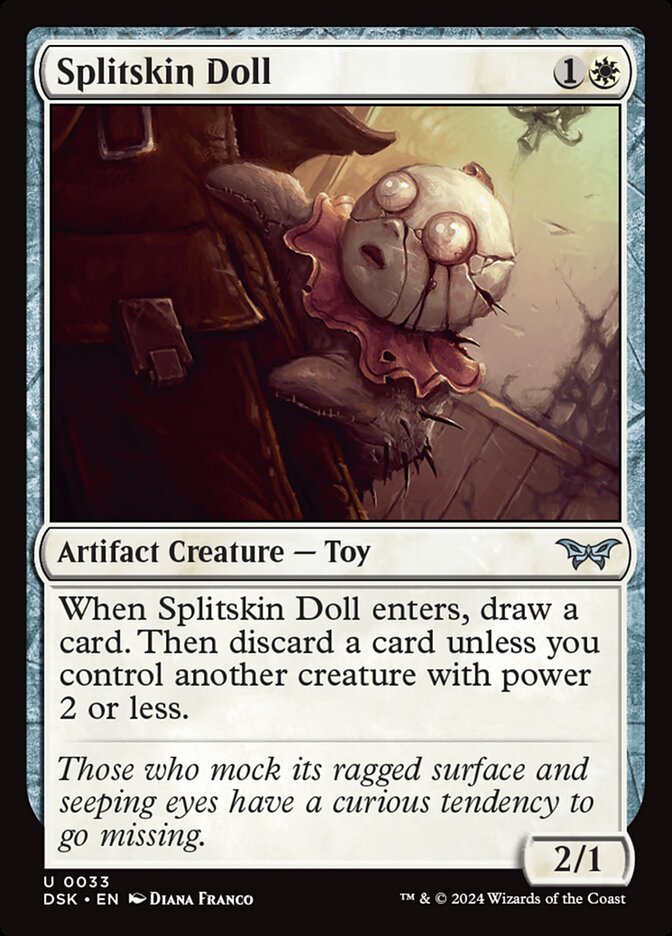 This Is An Image Of The Magic The Gathering Card Splitskin Doll From The Set Duskmourn: House of Horror - Designed By Artist Diana Franco