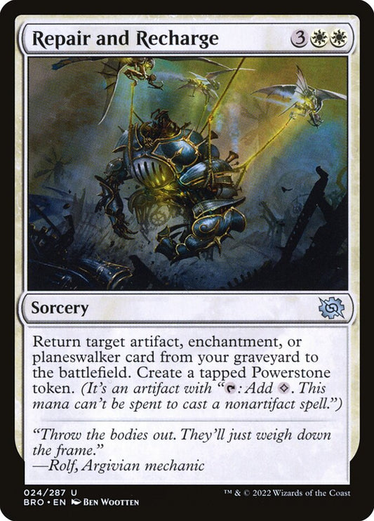 This Is An Image Of The Magic The Gathering Card Repair and Recharge From The Set The Brothers' War - Designed By Artist Ben Wootten