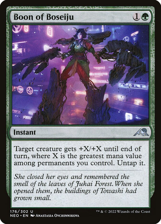 This Is An Image Of The Magic The Gathering Card Boon of Boseiju From The Set Kamigawa: Neon Dynasty - Designed By Artist Anastasia Ovchinnikova