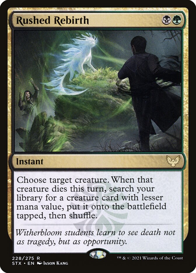 This Is An Image Of The Magic The Gathering Card Rushed Rebirth From The Set Strixhaven: School of Mages - Designed By Artist Jason Kang