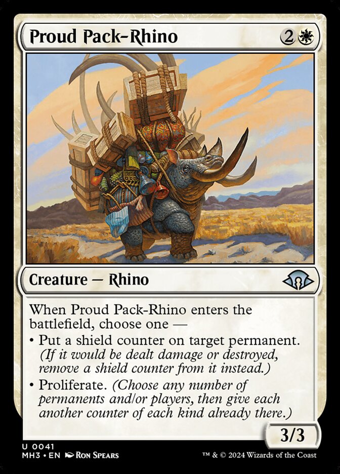 This Is An Image Of The Magic The Gathering Card Proud Pack-Rhino From The Set Modern Horizons 3 - Designed By Artist Ron Spears