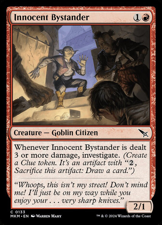 This Is An Image Of The Magic The Gathering Card Innocent Bystander From The Set Murders at Karlov Manor - Designed By Artist Warren Mahy