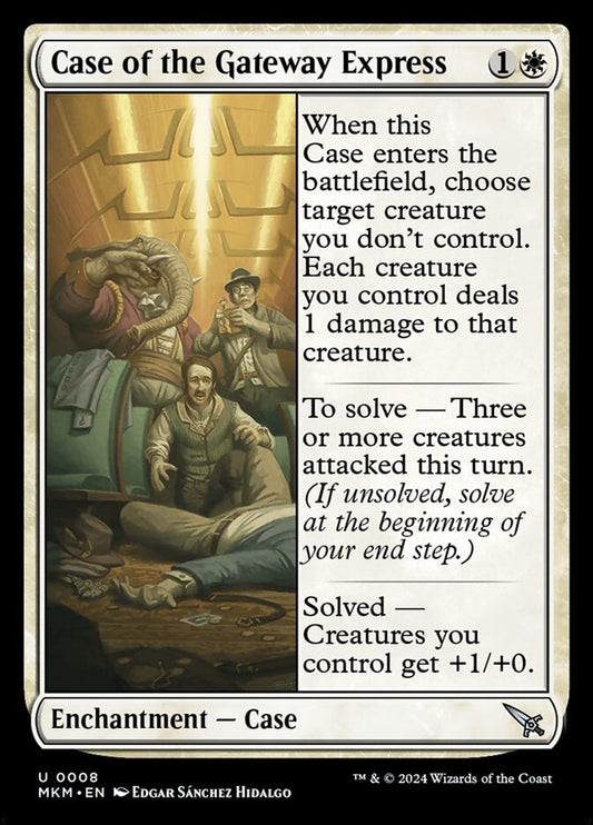 This Is An Image Of The Magic The Gathering Card Case of the Gateway Express From The Set Murders at Karlov Manor - Designed By Artist Edgar Sánchez Hidalgo