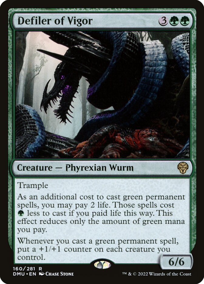 This Is An Image Of The Magic The Gathering Card Defiler of Vigor From The Set Dominaria United - Designed By Artist Chase Stone