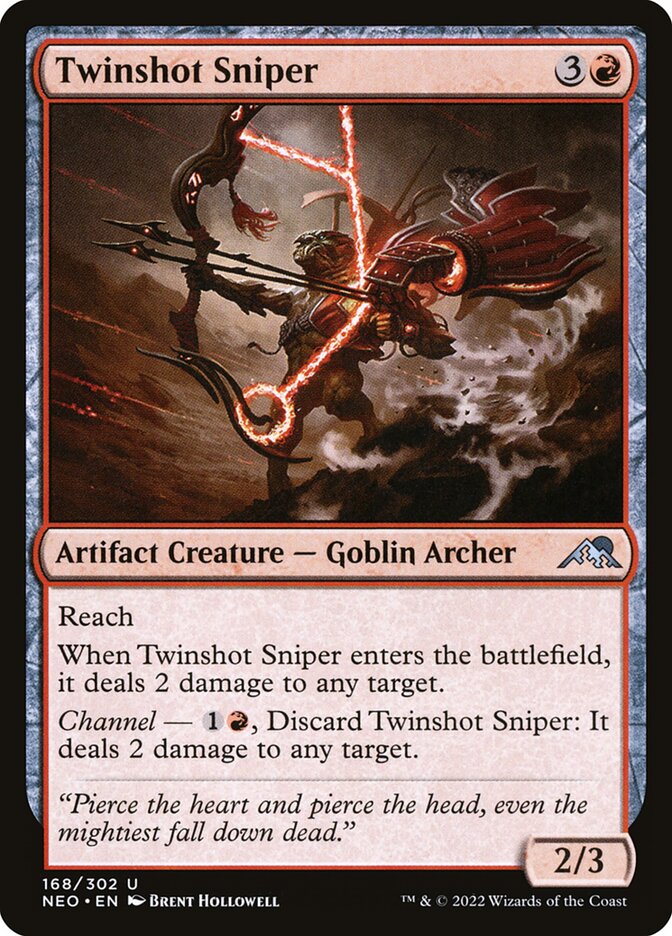 This Is An Image Of The Magic The Gathering Card Twinshot Sniper From The Set Kamigawa: Neon Dynasty - Designed By Artist Brent Hollowell
