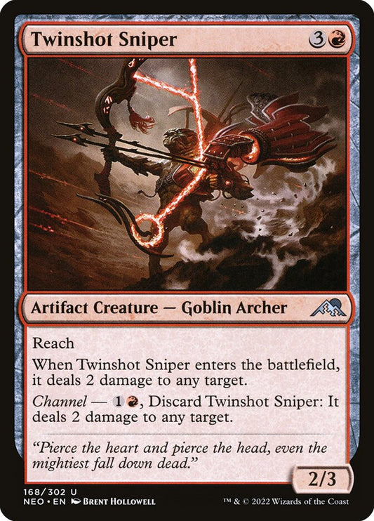 This Is An Image Of The Magic The Gathering Card Twinshot Sniper From The Set Kamigawa: Neon Dynasty - Designed By Artist Brent Hollowell