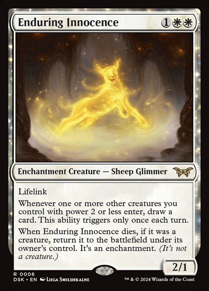 This Is An Image Of The Magic The Gathering Card Enduring Innocence From The Set Duskmourn: House of Horror - Designed By Artist Liiga Smilshkalne