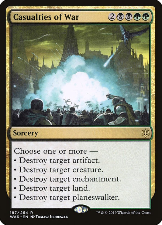 This Is An Image Of The Magic The Gathering Card Casualties of War From The Set Tarkir: Dragonstorm Commander - Designed By Artist Nereida
