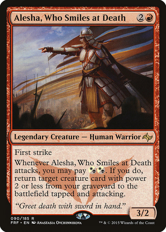 This Is An Image Of The Magic The Gathering Card Alesha, Who Smiles at Death From The Set Dominaria United Commander - Designed By Artist Anastasia Ovchinnikova