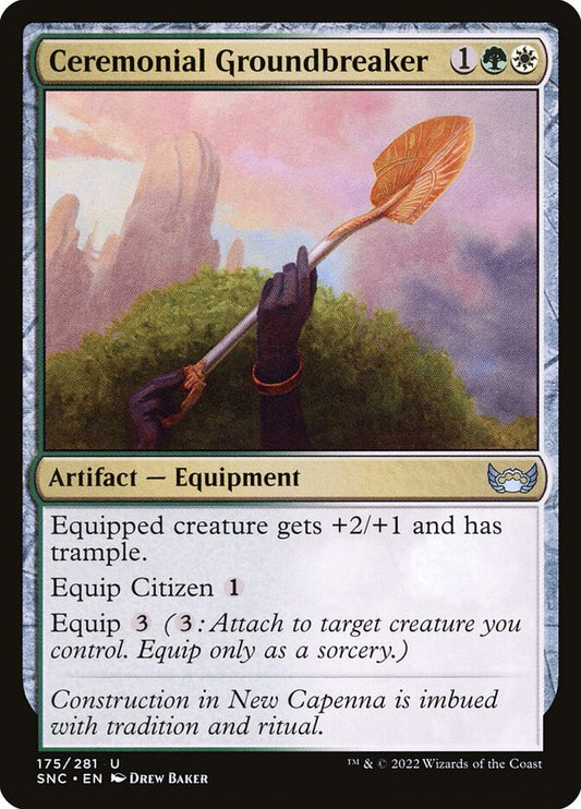 This Is An Image Of The Magic The Gathering Card Ceremonial Groundbreaker From The Set Streets of New Capenna - Designed By Artist Drew Baker