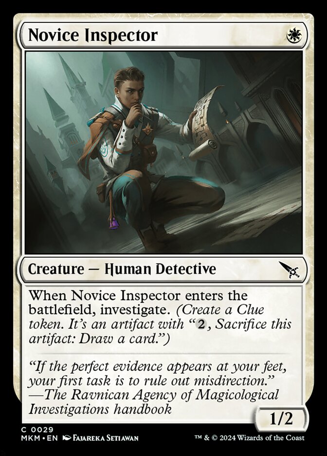 This Is An Image Of The Magic The Gathering Card Novice Inspector From The Set Murders at Karlov Manor - Designed By Artist Fajareka Setiawan