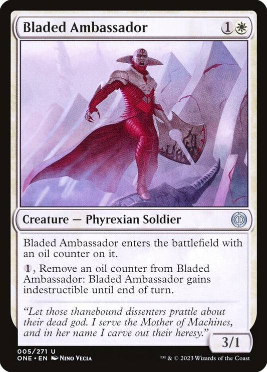 This Is An Image Of The Magic The Gathering Card Bladed Ambassador From The Set Phyrexia: All Will Be One - Designed By Artist Nino Vecia