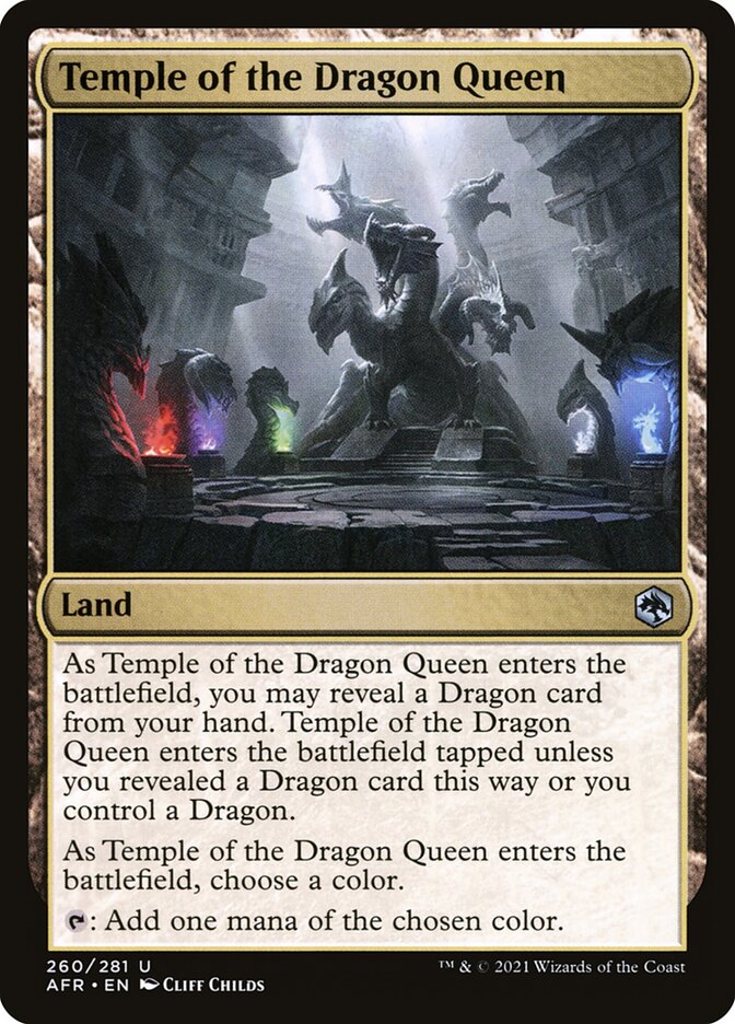 This Is An Image Of The Magic The Gathering Card Temple of the Dragon Queen From The Set Tarkir: Dragonstorm Commander - Designed By Artist Alexandr Leskinen