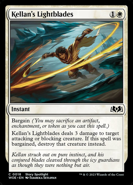 This Is An Image Of The Magic The Gathering Card Kellan's Lightblades From The Set Wilds of Eldraine - Designed By Artist Fajareka Setiawan