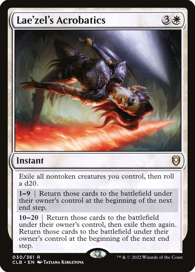 This Is An Image Of The Magic The Gathering Card Lae'zel's Acrobatics From The Set Commander Legends: Battle for Baldur's Gate - Designed By Artist Tatiana Kirgetova