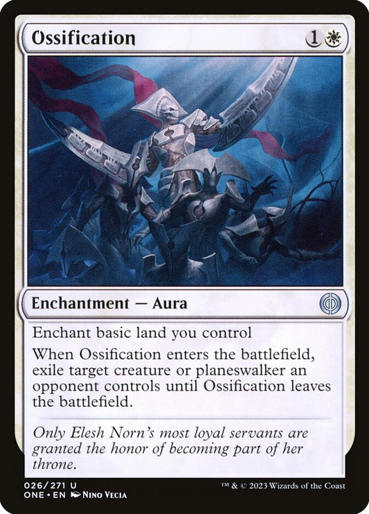 This Is An Image Of The Magic The Gathering Card Ossification From The Set Phyrexia: All Will Be One - Designed By Artist Nino Vecia