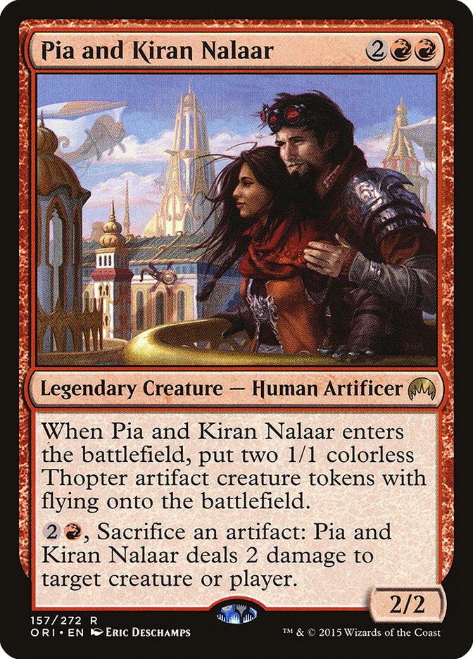 This Is An Image Of The Magic The Gathering Card Pia and Kiran Nalaar From The Set March of the Machine Commander - Designed By Artist Eric Deschamps