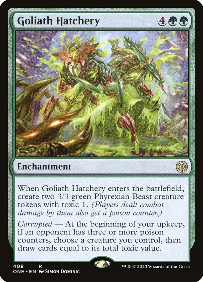 This Is An Image Of The Magic The Gathering Card Goliath Hatchery From The Set Phyrexia: All Will Be One - Designed By Artist Simon Dominic