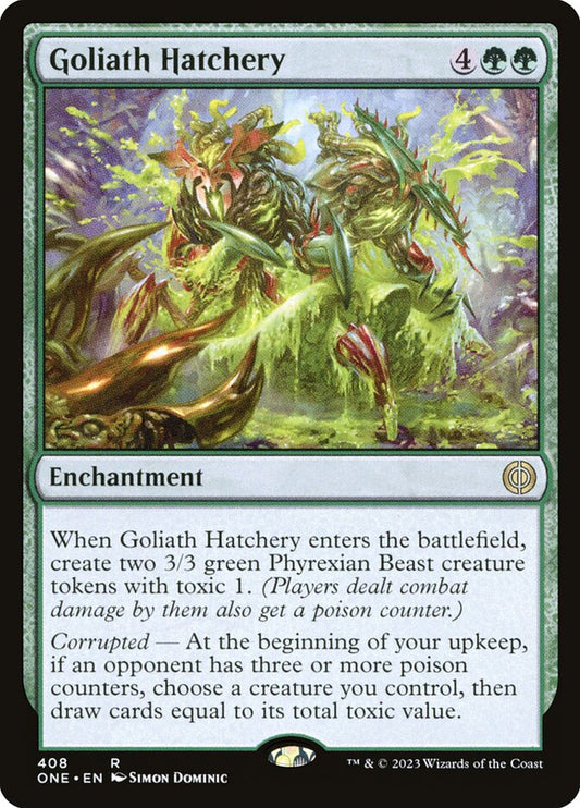 This Is An Image Of The Magic The Gathering Card Goliath Hatchery From The Set Phyrexia: All Will Be One - Designed By Artist Simon Dominic