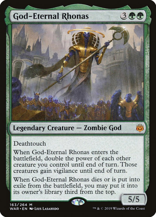 This Is An Image Of The Magic The Gathering Card God-Eternal Rhonas From The Set War of the Spark - Designed By Artist Lius Lasahido