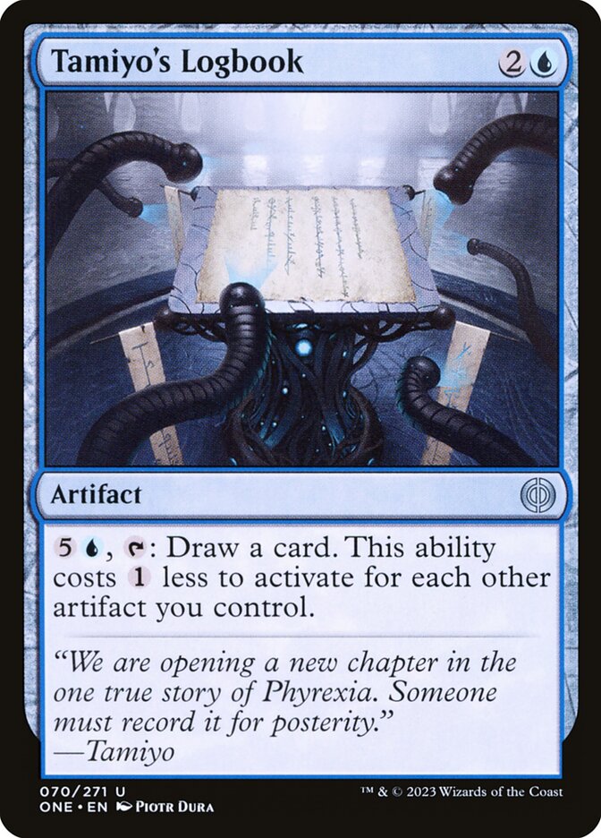 This Is An Image Of The Magic The Gathering Card Tamiyo's Logbook From The Set Phyrexia: All Will Be One - Designed By Artist Piotr Dura