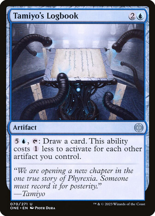 This Is An Image Of The Magic The Gathering Card Tamiyo's Logbook From The Set Phyrexia: All Will Be One - Designed By Artist Piotr Dura