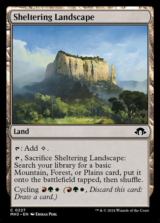 This Is An Image Of The Magic The Gathering Card Sheltering Landscape From The Set Modern Horizons 3 - Designed By Artist Erikas Perl
