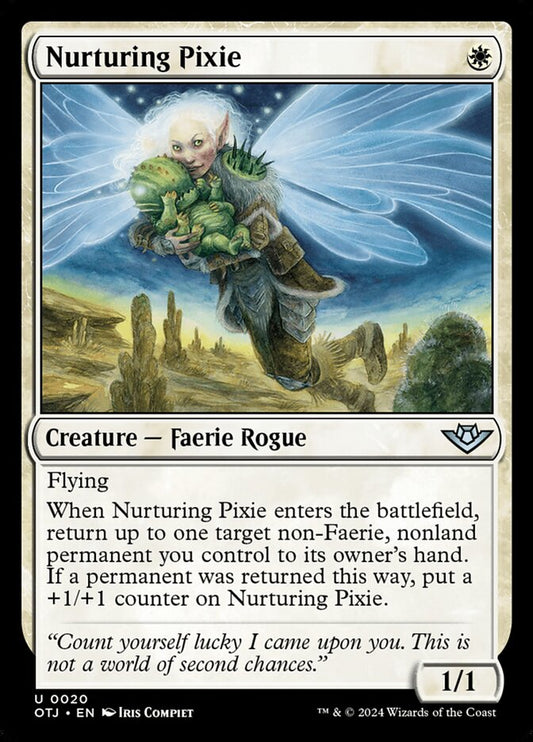 This Is An Image Of The Magic The Gathering Card Nurturing Pixie From The Set Outlaws of Thunder Junction - Designed By Artist Iris Compiet