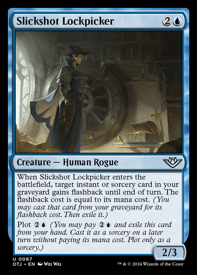 This Is An Image Of The Magic The Gathering Card Slickshot Lockpicker From The Set Outlaws of Thunder Junction - Designed By Artist Wei Wei