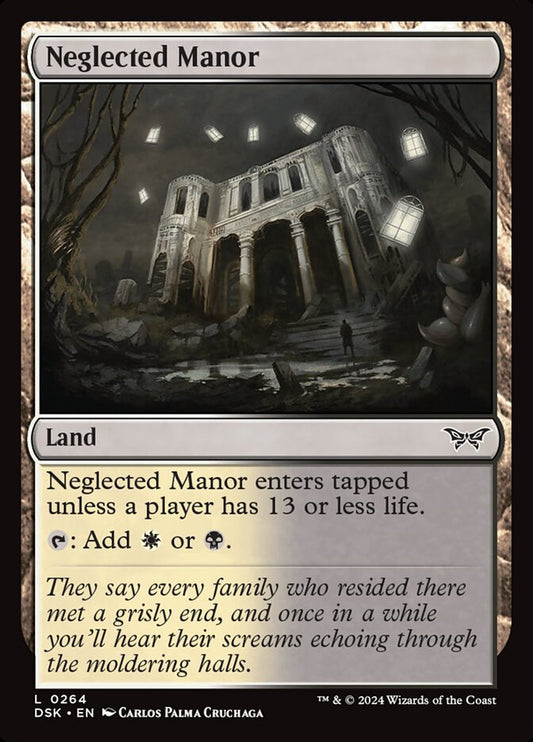 This Is An Image Of The Magic The Gathering Card Neglected Manor From The Set Duskmourn: House of Horror - Designed By Artist Carlos Palma Cruchaga